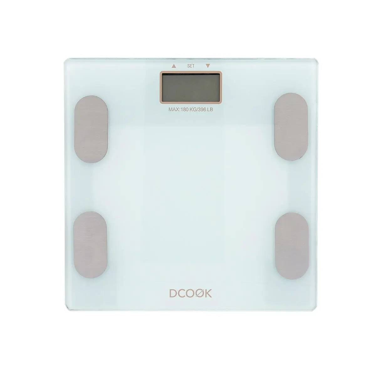 DCOOK GALLERY scale measures fat up to 180kg - 30x30x2CM white matte Display lcd extra large, independently indicates the percentage of water and body fat, 4 measurement sensors, low battery and overload indicator, weight in Kg and Lb , Permi