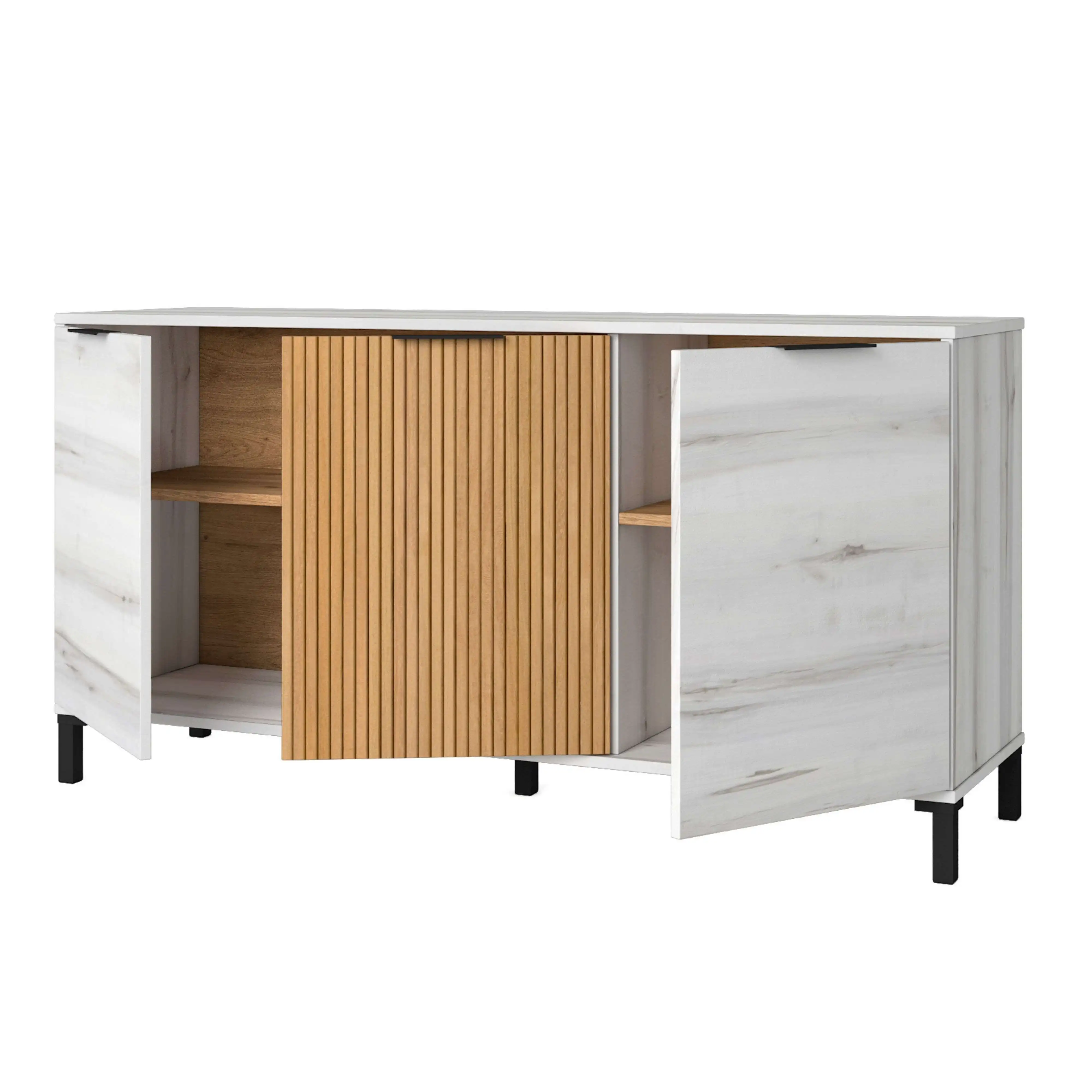 Miroytengo Mueble Aparador de Salón Comedor Tokio Estilo Nórdico en Color Blanco Albo y Roble Rayado con 3 Puertas 136 cm