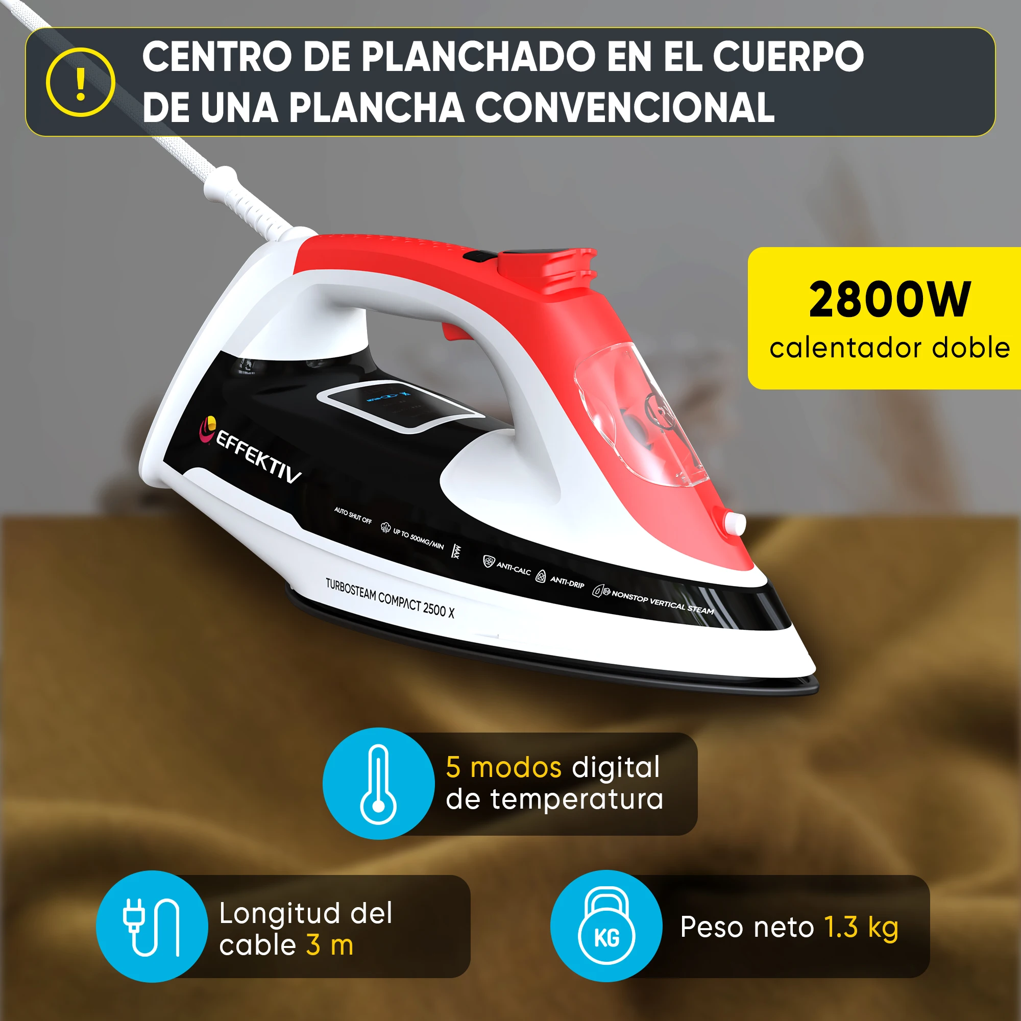 EFFEKTIV - Steam Iron 2500 X, a versatile 3-in-1 iron with ceramic soleplate, 2800W power, 5 modes including vertical steam, 990 mg/sec continuous steam, and automatic shut-off for safety, ideal for all fabric types.