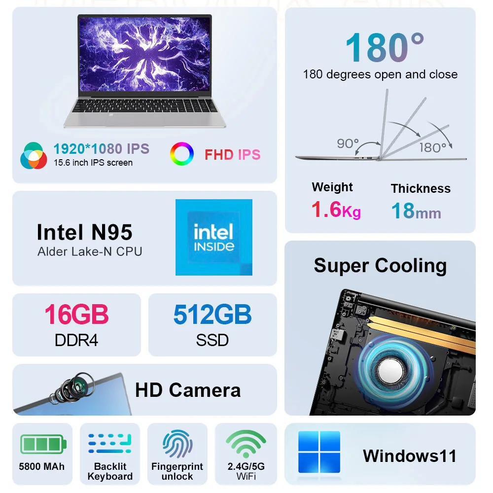 Ninkear N15 Air Laptop screen IPS 15.6 1920*1080 Intel N95 3.4GHz 16GB RAM 512GB SSD WiFi Dual Bluetooth 4.2 2USB3.0 1HDMI 1 Micro SD Card Slot 44Wh Battery Opening and Closing 180 ° Backlit Keyboard Fingerprint Unlocking