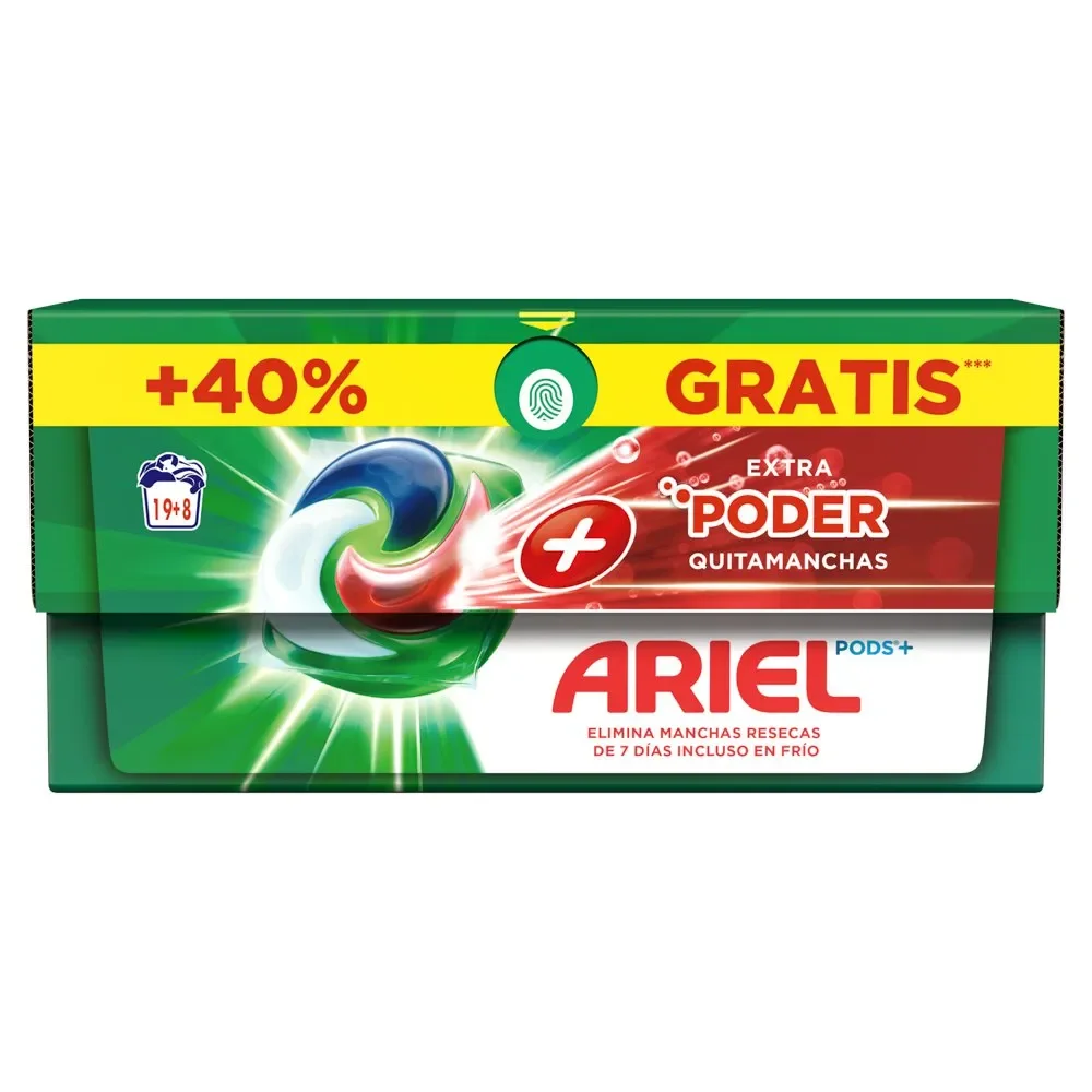 Pack of Ariel All-in-One liquid washing machine detergent in capsules/pills, 19 + 8 (27,54 or 81) washed, plus Extra power stain remover, deep cleaning