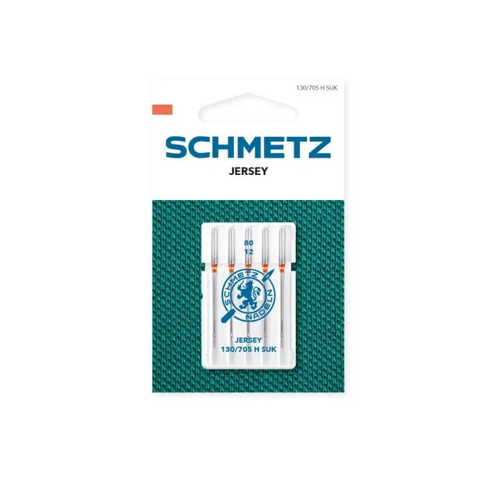 Estuche de 5 Aguas Jersey Schmetz 80/12 SUK para Máquinas de Coser - Punta de Bola para Tejidos de Punto, Modelo 130/705H HAx1