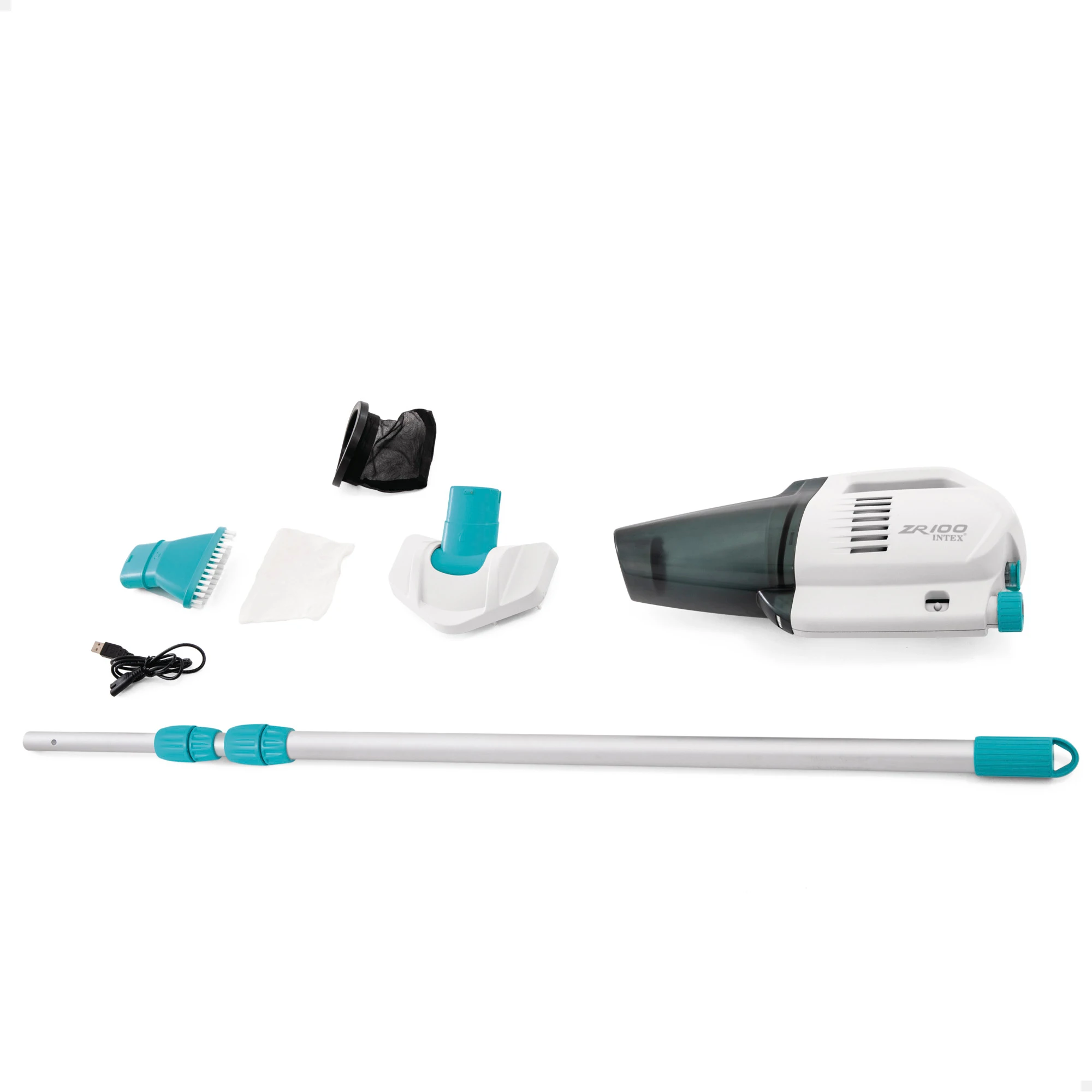INTEX - Aspirador de piscina manual eléctrico ZR100, piscinas y spas hasta 5,49m, batería recargable, autonomía 50 min, tubo extensible de 2,39m, dos cepillos intercambiables, incluye filtros y cable USB, limpiafondos