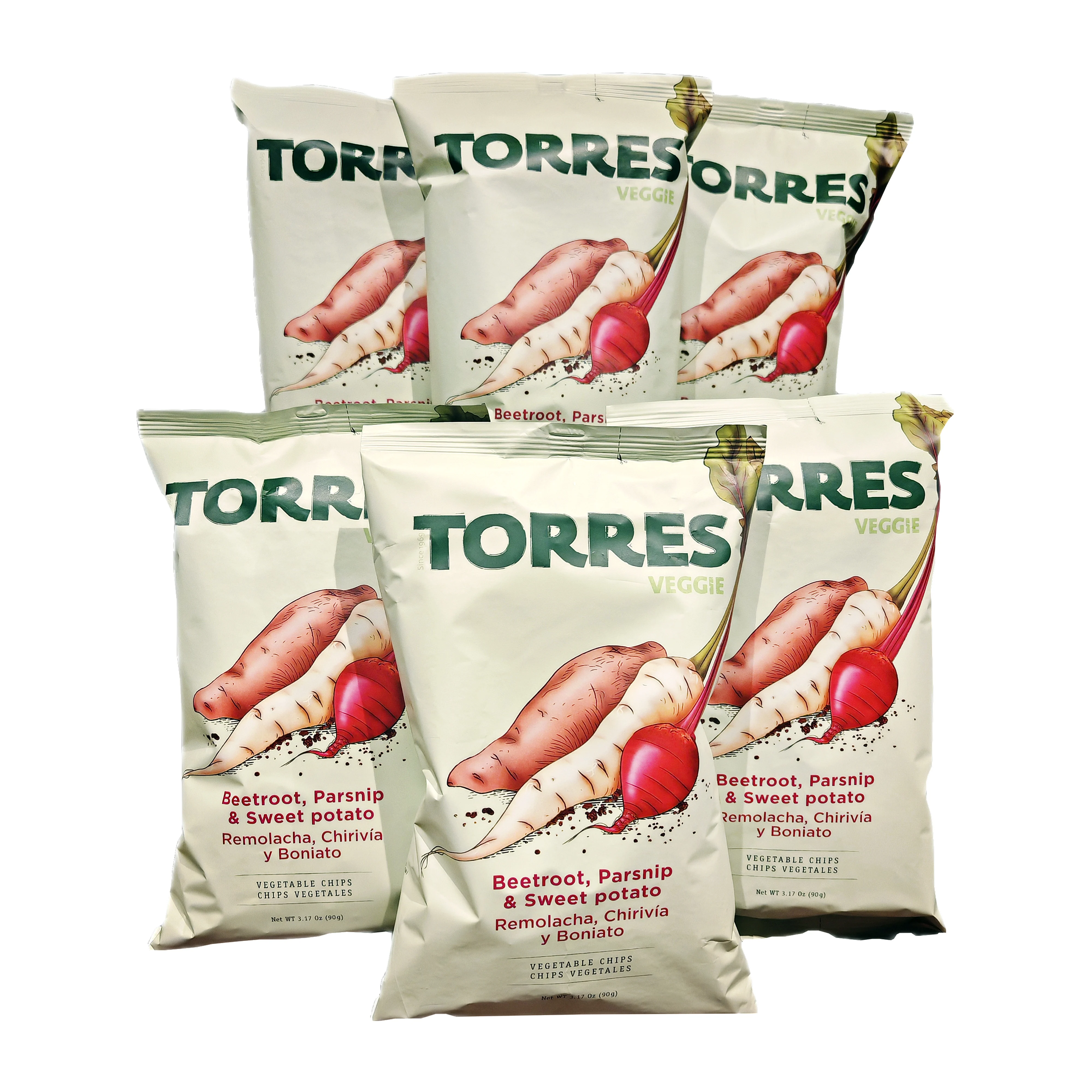 Chips vegetales de remolacha, chirivía y boniato Torres. Pack 6 bolsas de 90gr