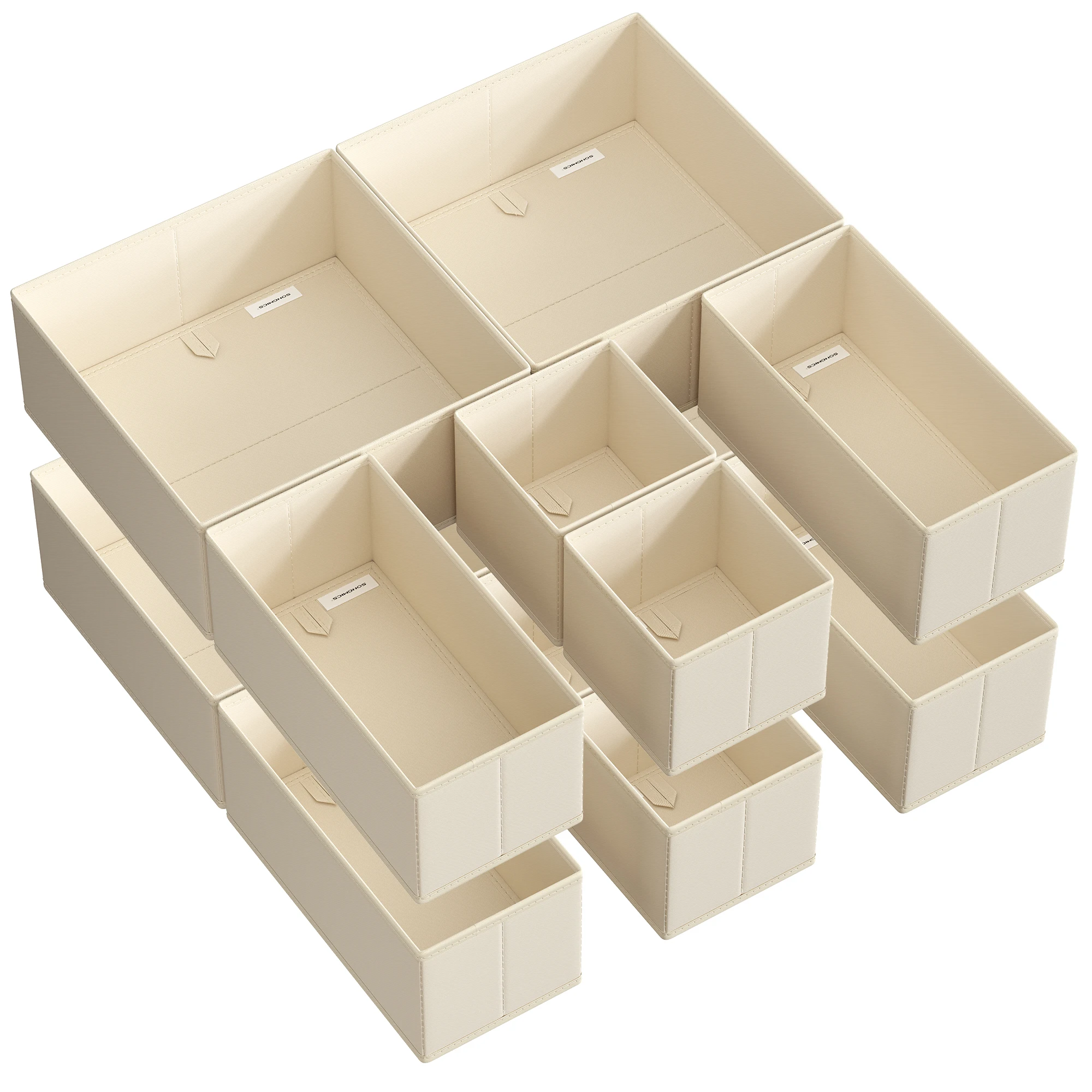 SONGMICS Organizadores Cajones, Separadores de Cajones, Juego de 12, Cajas Almacenaje de Tela Plegables para Calcetines, Ropa Interior, Sostenes, Corbatas, Bufandas, Beige Arena/Blanco Nube