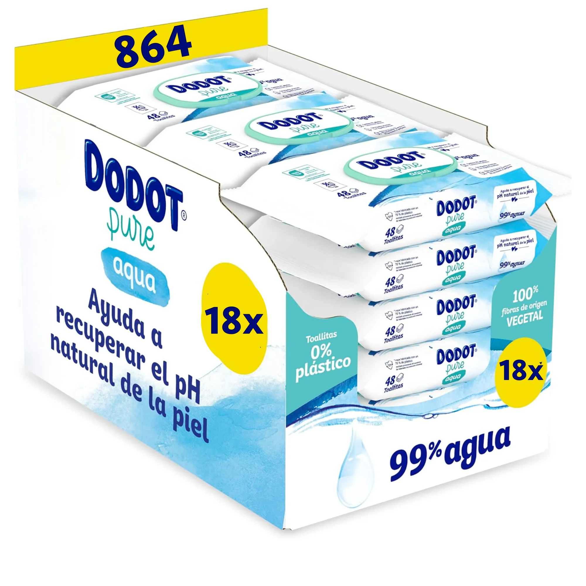 Toallitas Dodot  Aqua Pure para Bebé - 99% Agua - 864 Toallitas Dodot Aqua Pure - 18 Paquetes de 48 Toallitas para Bebé Aqua Pure.