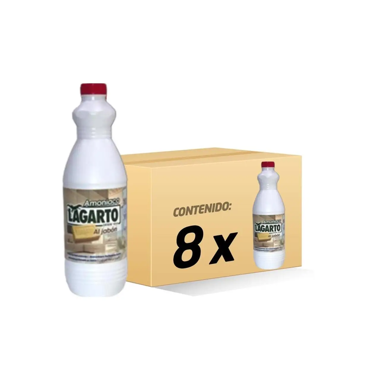 Lagarto Amoniaco Perfumado al Jabón 1,5L - Caja 8 Botellas - Desengrasa y Elimina Manchas (limpieza diaria multiusos)