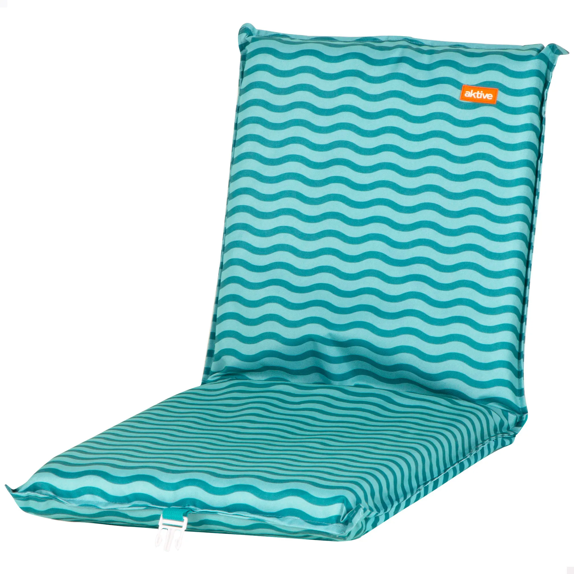 Aktive - Asiento playa plegable, 40x48x56 cm, respaldo reclinable, 4 posiciones, diseño azul estampado, asiento bajo, acolchado, bolsillo trasero, asas mochila, cierre de seguridad, máximo 110 kg