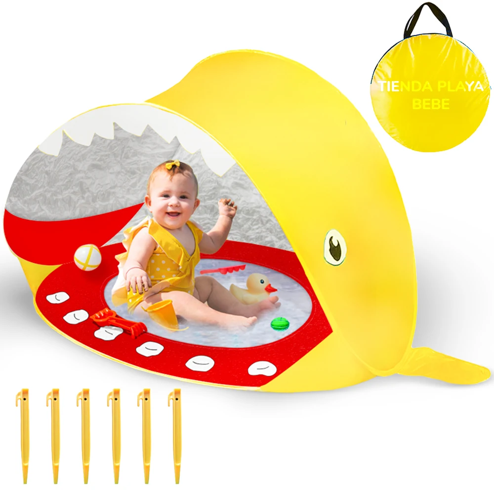 DeFieltro Tienda Playa Bebe UV 50 Protectora - Cortavientos Playa de Tiburón Divertido con Piscina - Carpa Playa Bebe Plegable y Visible - Iglu con Sombrilla y Paravientos - Fácil Instalación