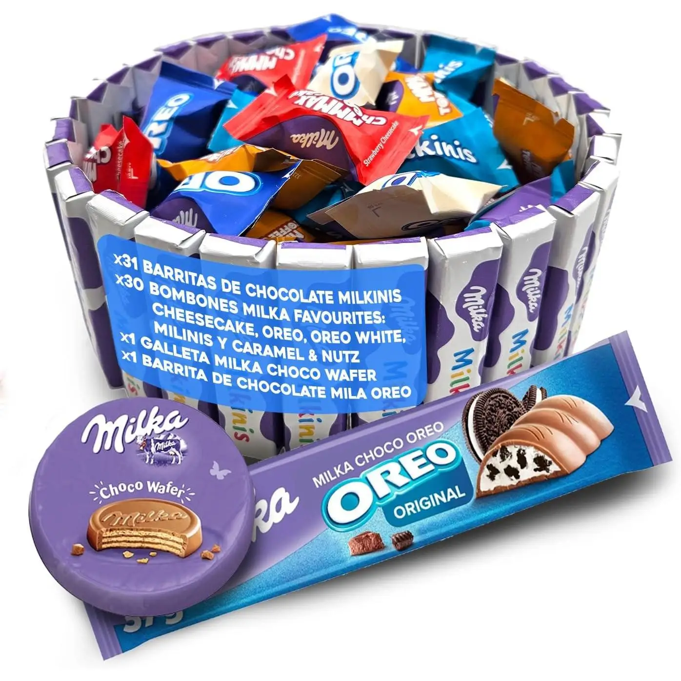 Tarta de Chocolate Milka + Wafer Milka + Barrita Choco Oreo - Regalo Original. + de 60 Chocolates Milka - Tarta de 20 cms [IAMI]