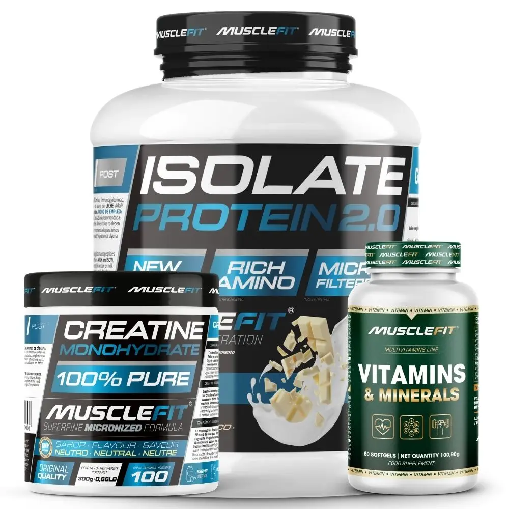 Pack ISOLATE 2kg + Creatina 300g + Multivitaminas 60 cáps  - MuscleFit│Avance Muscular