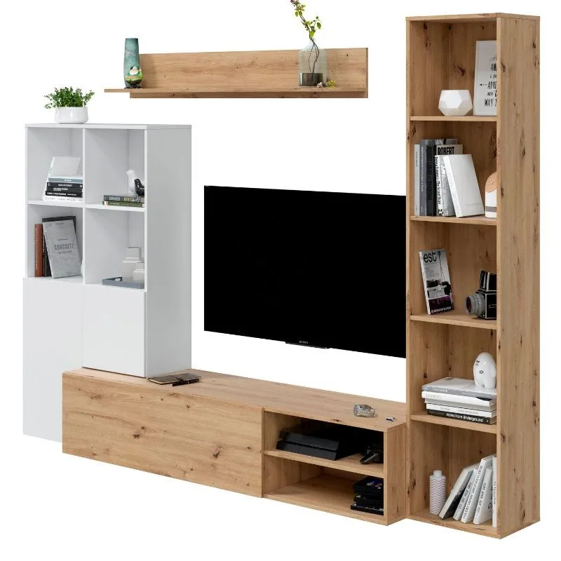 Miroytengo Mueble De Salón Lyra Con Almacenaje Blanco Artik Y Roble Nodi 241Cm