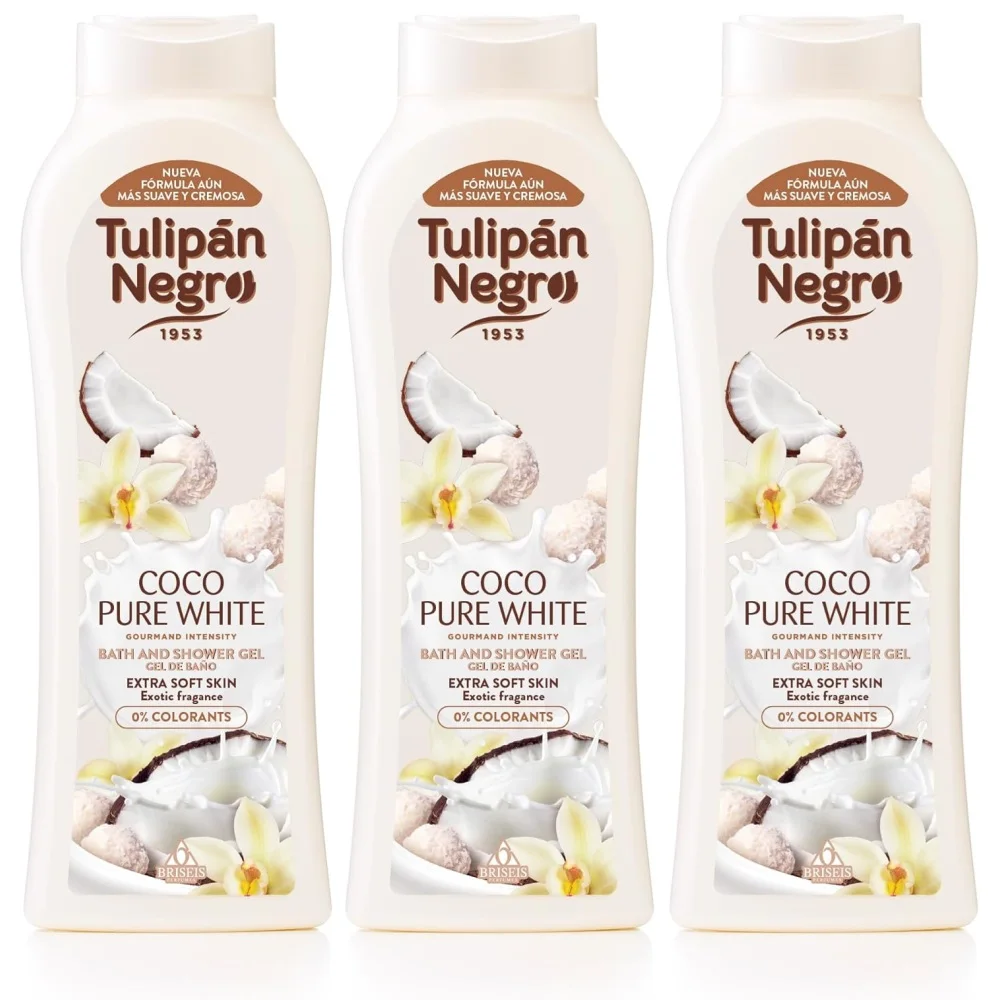 TULIPAN NEGRO, Gel de Baño y Ducha Coco Pure White 650ml (Pack de 3x650ml), Tulipán Negro de la Línea Gourmand Intensity, Máxima Hidratación y Suavidad para la Piel, Propiedades Humectantes, Fragancia