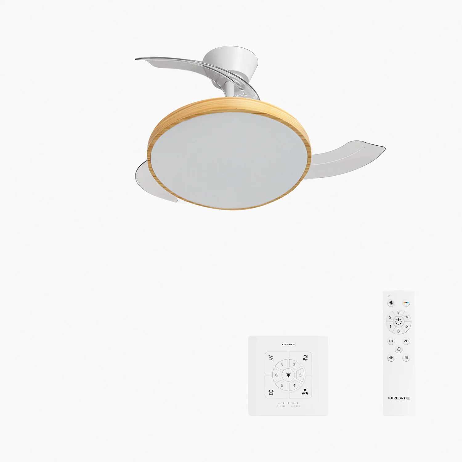 Create - 40w silent retractable blade ceiling fan with led light, with light, size ø91cm or ø108 cm - wind clear studio