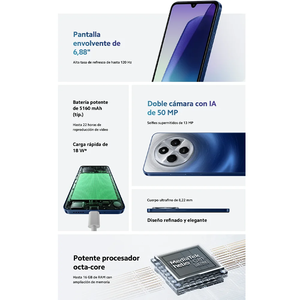 Xiaomi Redmi 14C Global Version, 6.88" Smartphone with 120Hz Display, 5160mAh Battery, Dual 50MP AI Camera, MediaTek Helio G81-Ultra, Available in 4GB+128GB, 6GB+128GB, and 8GB+256GB configurations.