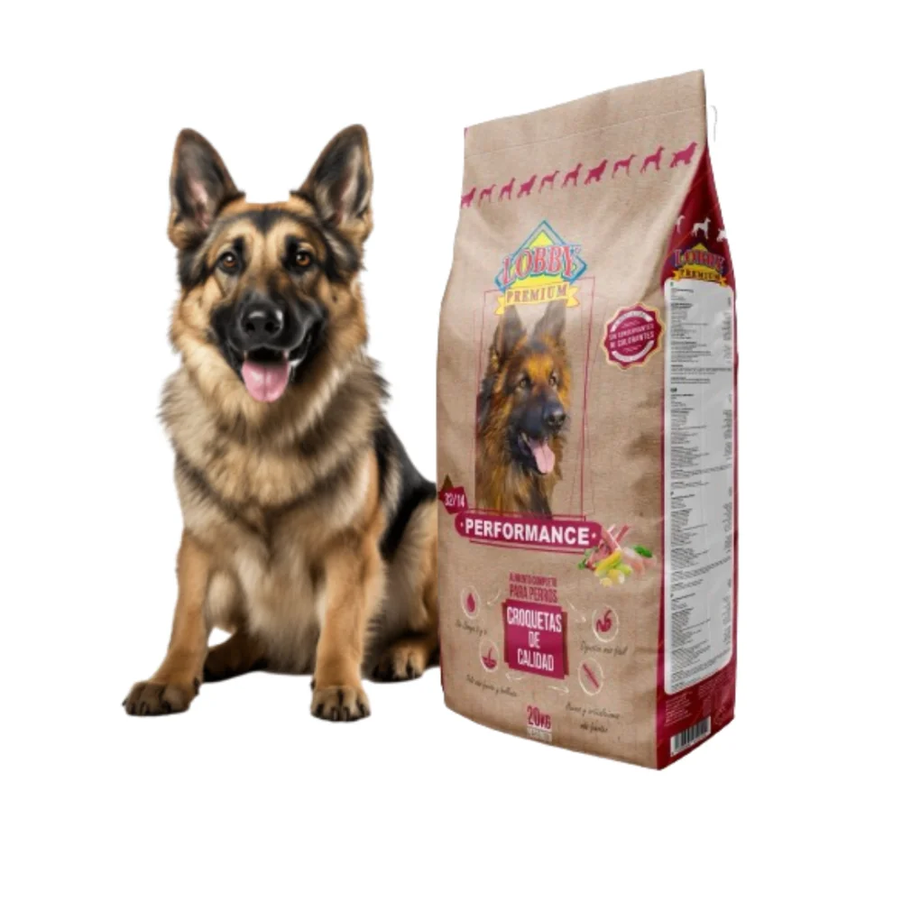 20Kg LOBBY PREMIUM PERFORMANCE feed for adult dogs. Crispy meat and rice croquettes ideal for dogs of all breeds with a high to moderate level of activity