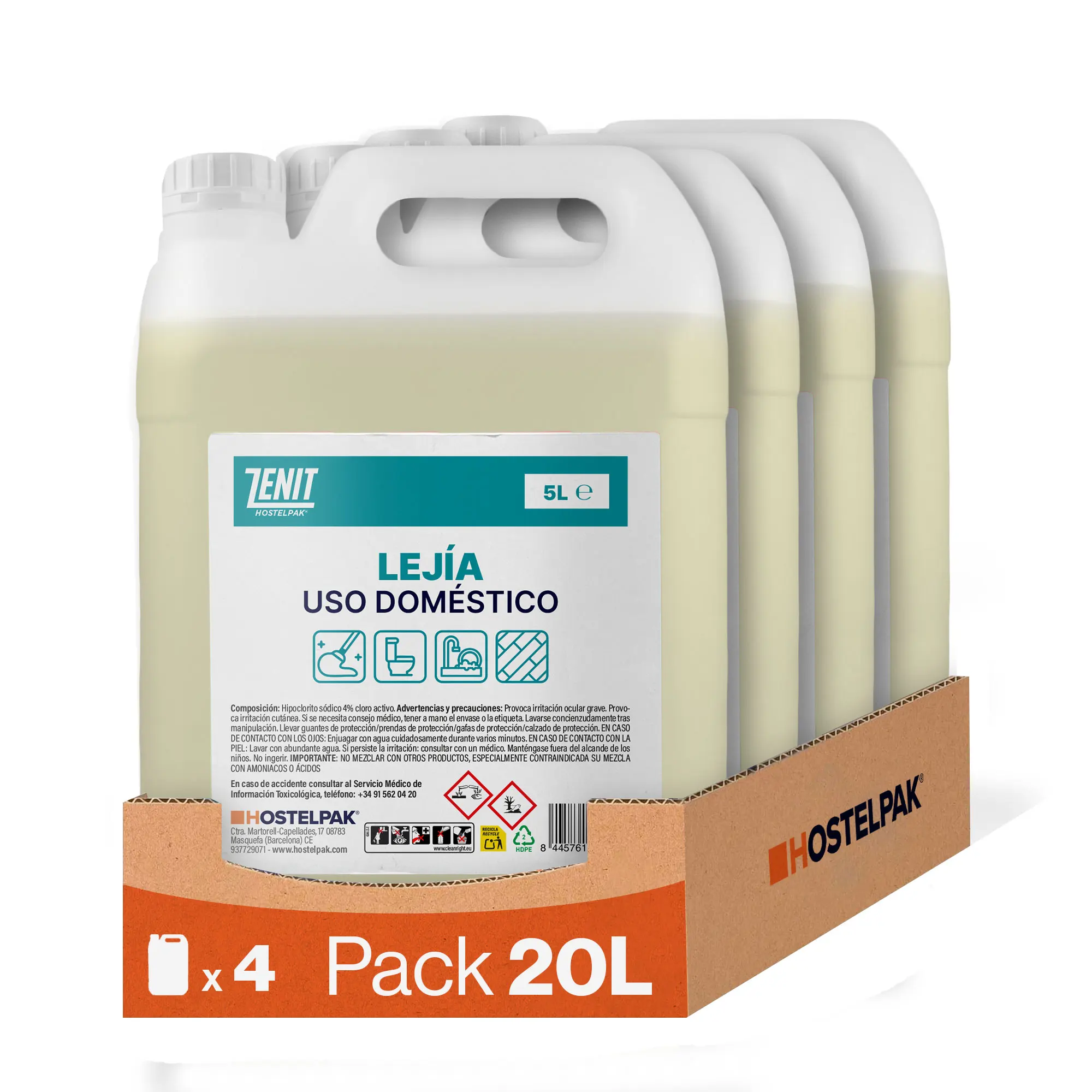 Hostelpak | Lejía Doméstica con 4% de Cloro Activo | Solución de Limpieza Multiusos para Hogar | Uso doméstico