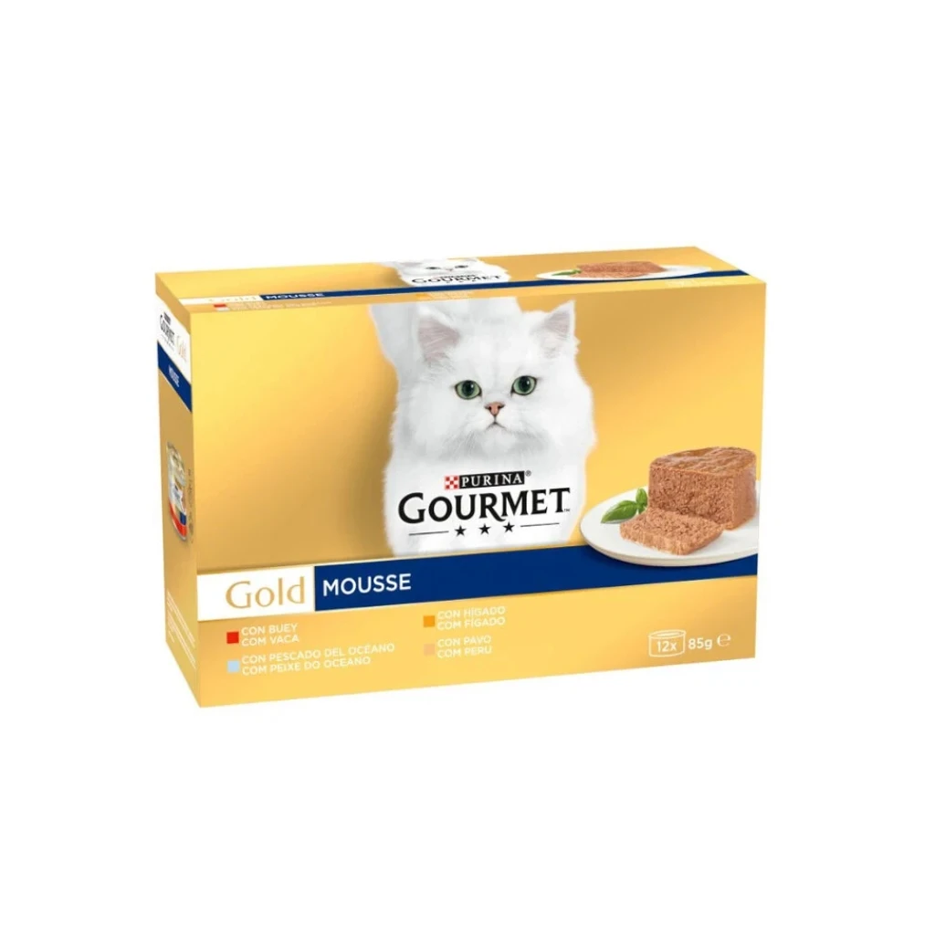 GOURMET Gold Mousse Surtido (12x85 gr) - Alimento Húmedo Completo para Gatos Adultos (Buey, Pescado del Océano, Hígado y Pavo)