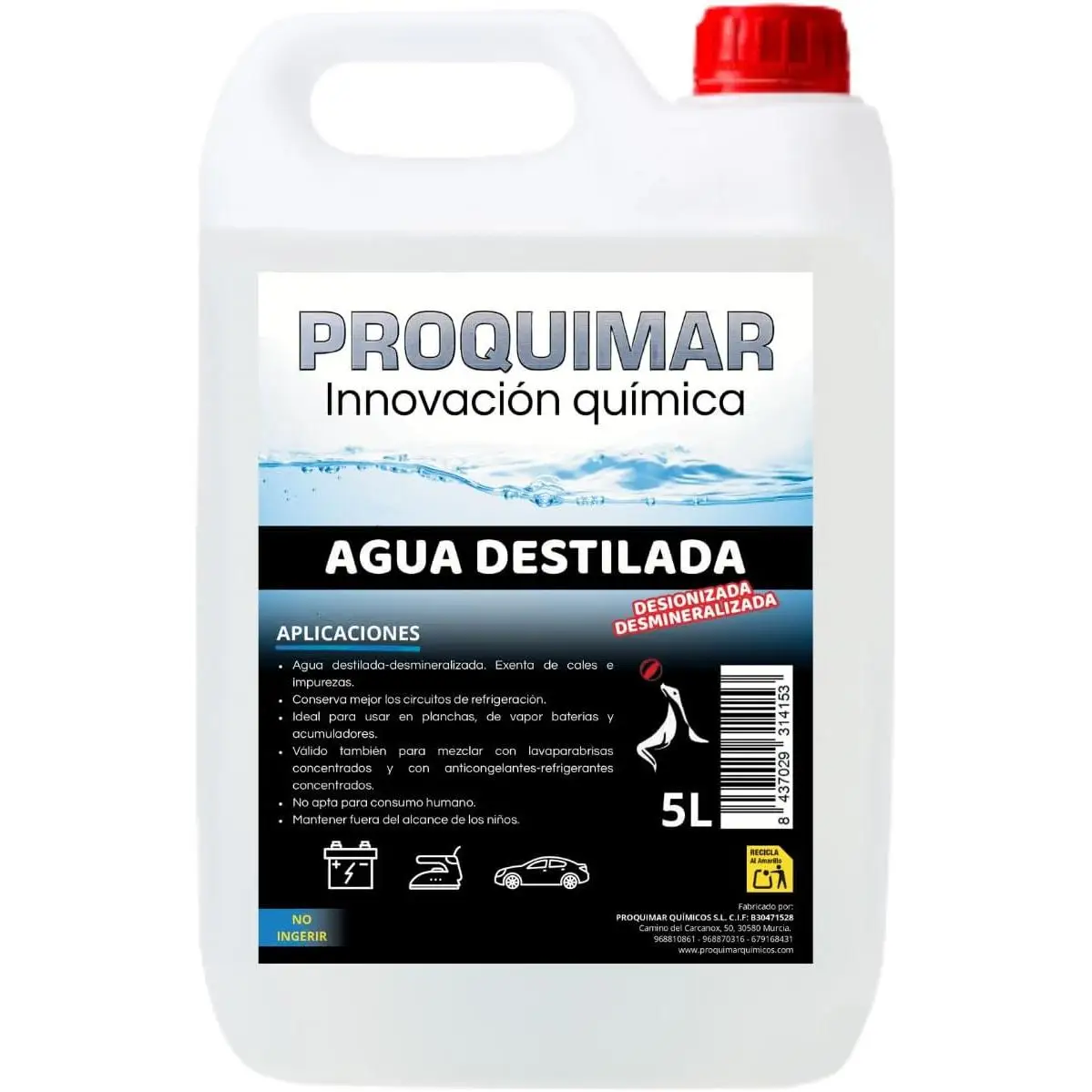 Proquimar Agua Destilada Desionizada 5 litros – Pura y Libre de Impurezas – Ideal para Planchas, Baterías, Humidificadores y Laboratorios