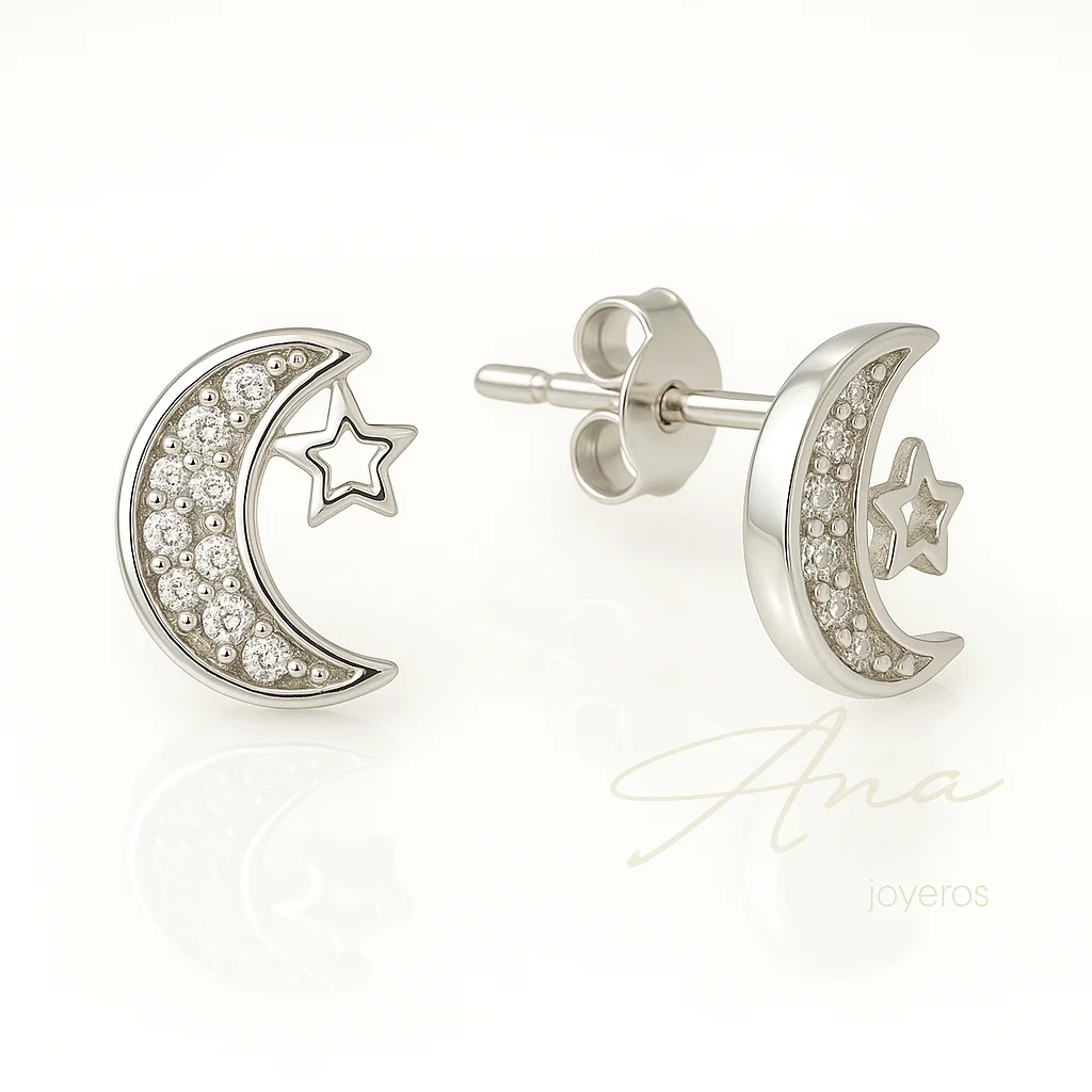 Pendientes Mujer Plata 925 Luna y Estrella con Circonitas Brillantes – Joyería Fina Hipoalergénica, Regalo Ideal para Mujer, Niña o Adolescente – Elegantes y Modernos - Ana Joyeros