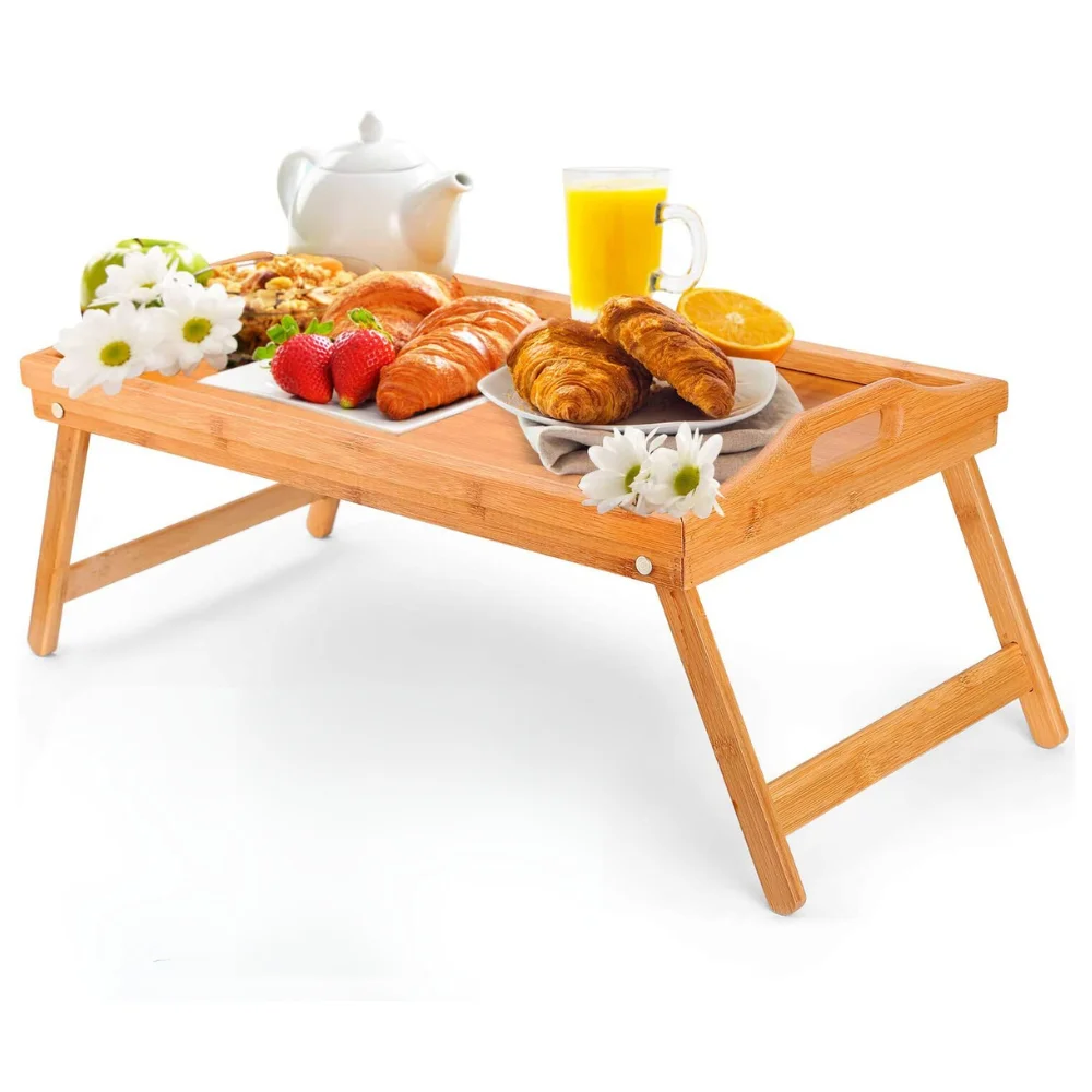 Max Star Bandeja para Cama de Bambú Auxiliar Portátil Natural 100% Incluye Asa para Fácil Traslado
