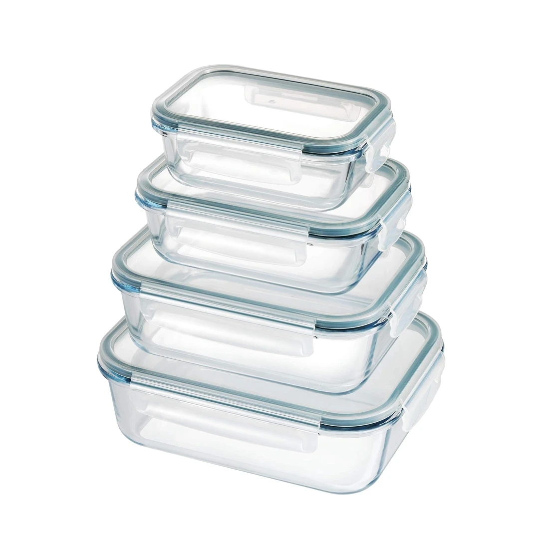 STARLEY-Set 4 fiambreras borosilic rectangulares 370-600-1000-1500ml,Juego de 4 recipientes de almacenamiento de alimentos de cristal,recipientes de vidrio con tapas