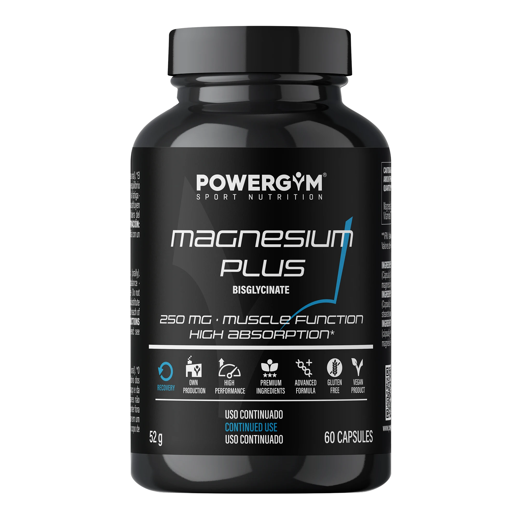 POWERGYM  Magnesium 60 Cápsulas evita Calambres y Lesiones – Magnesio Bisglicinato Descontracturante, Defatigante y Optimizador energético - Magnesio alta absorción potenciado con Vitamina B6