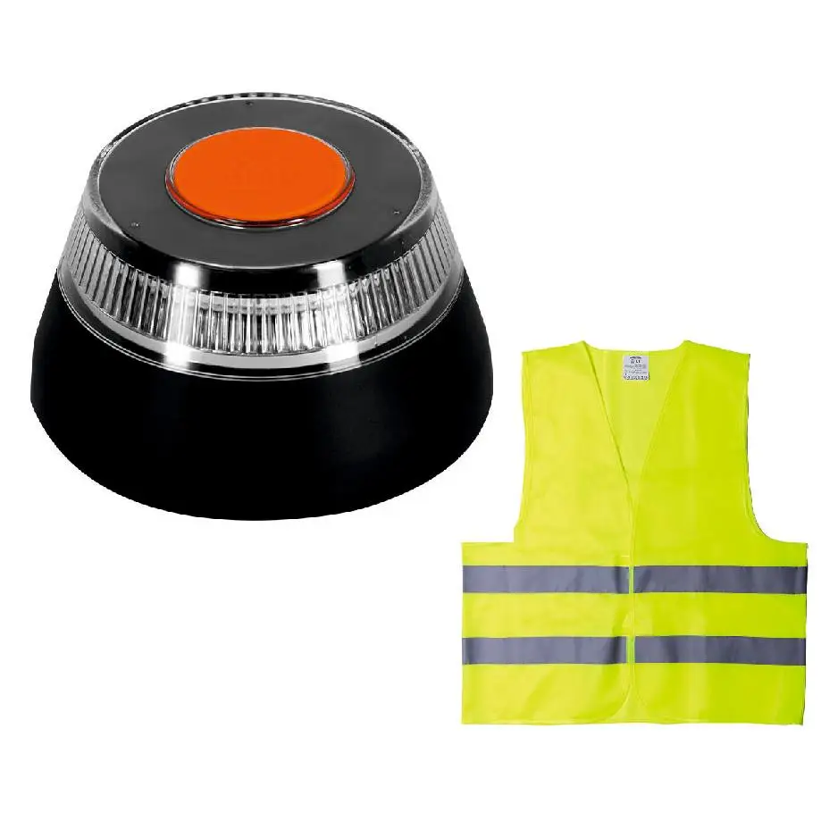 Baliza V16 conectada+Chaleco.  V16 conectada con geolocalizacion DGT 3.0, luz de emergencia homologada, conectada y autorizada por DGT, señal V16 con pilas incluidas, conectividad Telefonica datos