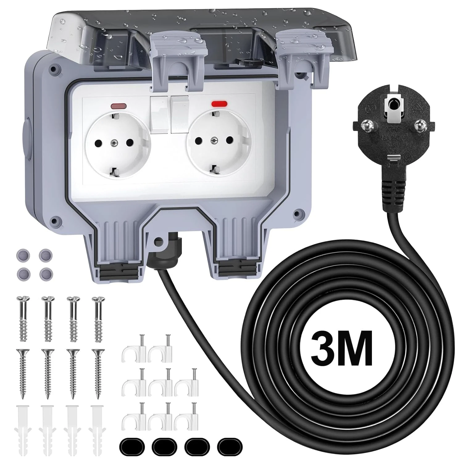 Presa Elettrica da Esterno IP66 Doppia Impermeabile con Cavo da 3 m, Presa di Corrente Impermeabile con Interruttori Indipendenti, Protezione per Bambini, per Giardino, Garage e Spazi Esterni