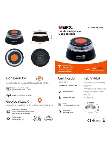 Geolocalized emergency light - beacon v16 - ebox - certified by dgt - 360º visibility paid data until 2038, beacon v16 approved by dgt with geolocator,