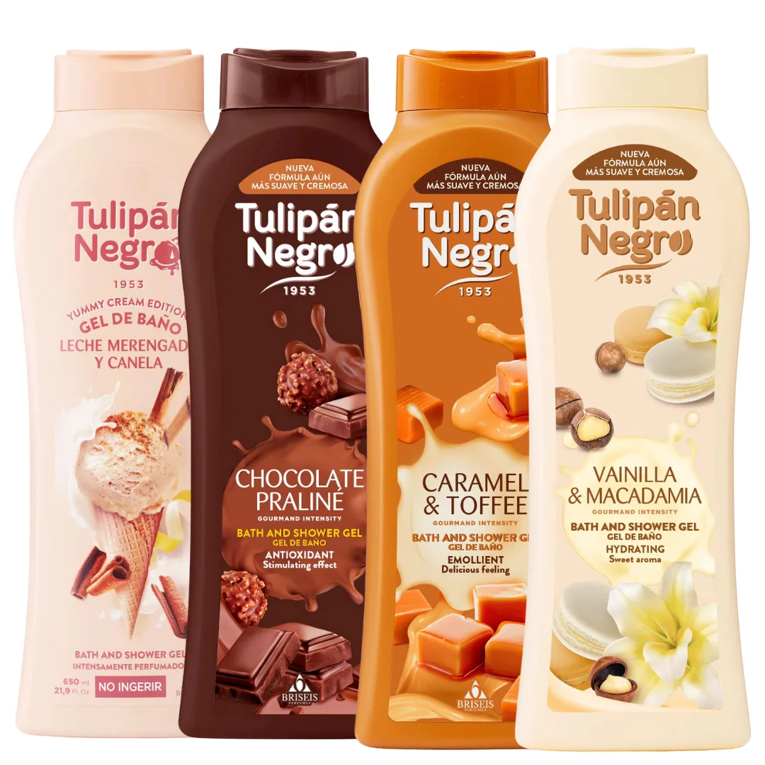 Pack 4 geles de baño tulipán negro 650 ml aromas irresistibles: leche merengue y canela, chocolate, caramelo y toffe, y vainilla y macadamia. Hidratación, suavidad y deliciosas fragancias para tu cuid