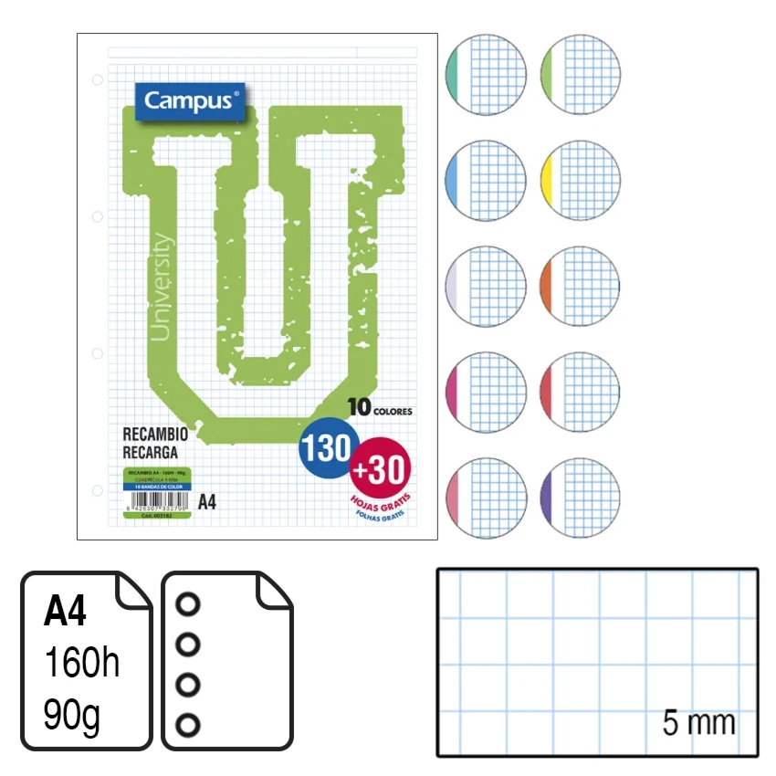 RECAMBIO CAMPUS ORIGINAL TAMAÑO A4 130+30 HOJAS. 4 TALADROS CUADRÍCULA 5 MM. 90 G. 10 BANDAS COLORES VIVOS