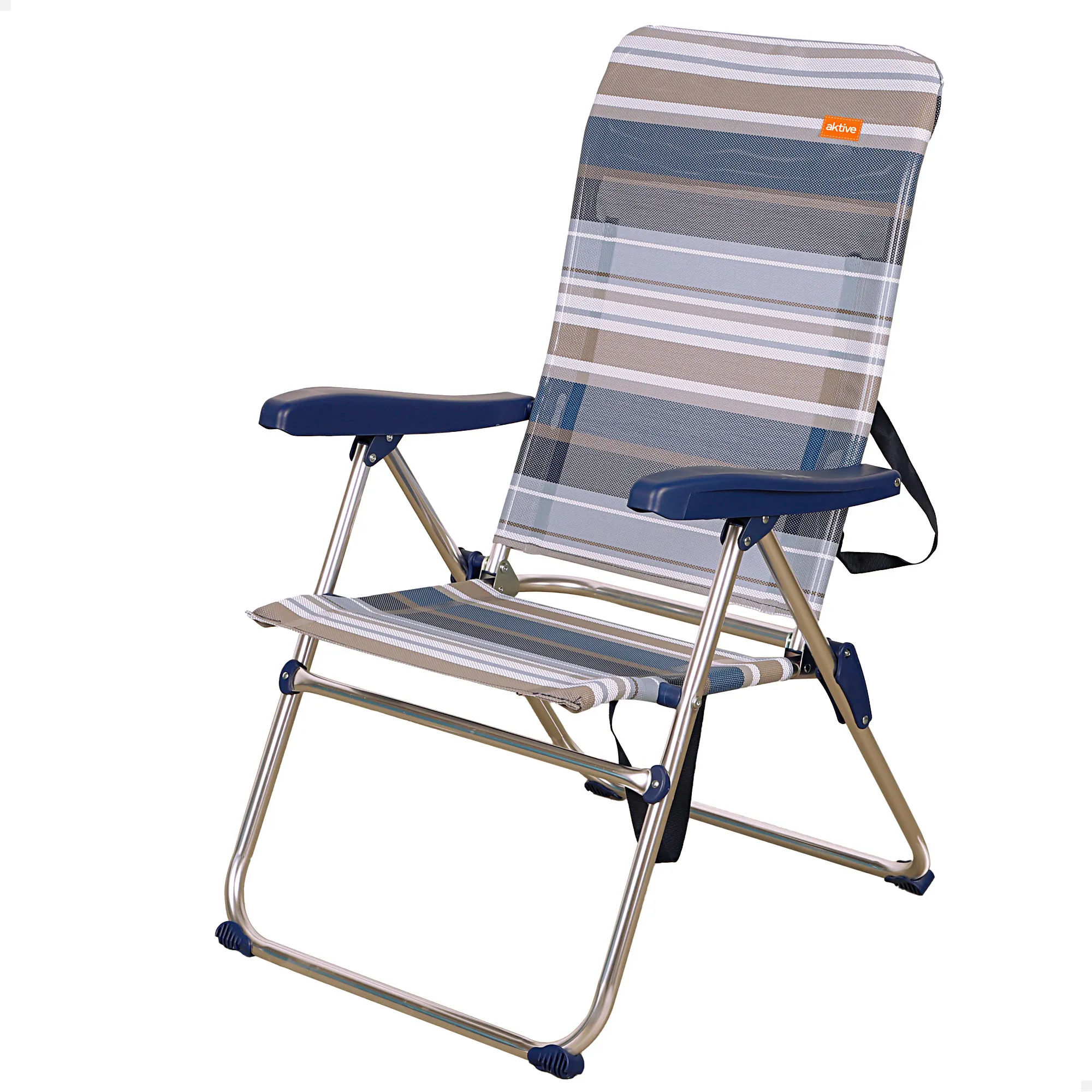 Aktive - Silla de playa plegable, diseño azul y gris a rayas, 47x62x90 cm, peso máximo 100 kg, respaldo reclinable 5 posiciones, sin tubo delantero, topes antivuelco, aluminio y textileno, fácil