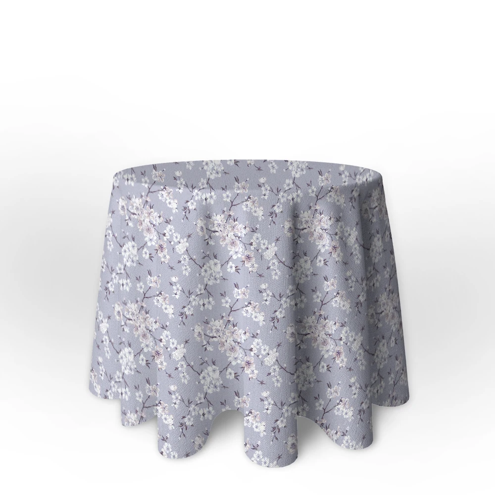 LaFábricadelasTelas -Falda Mesa Camilla Redonda y rectangular  Otoño-primavera Flores almendro Gris y beige. Loneta algodón estampada. Faldón Faldilla enagüilla. Tallas 60,70,80,90 y 100 diámetro.