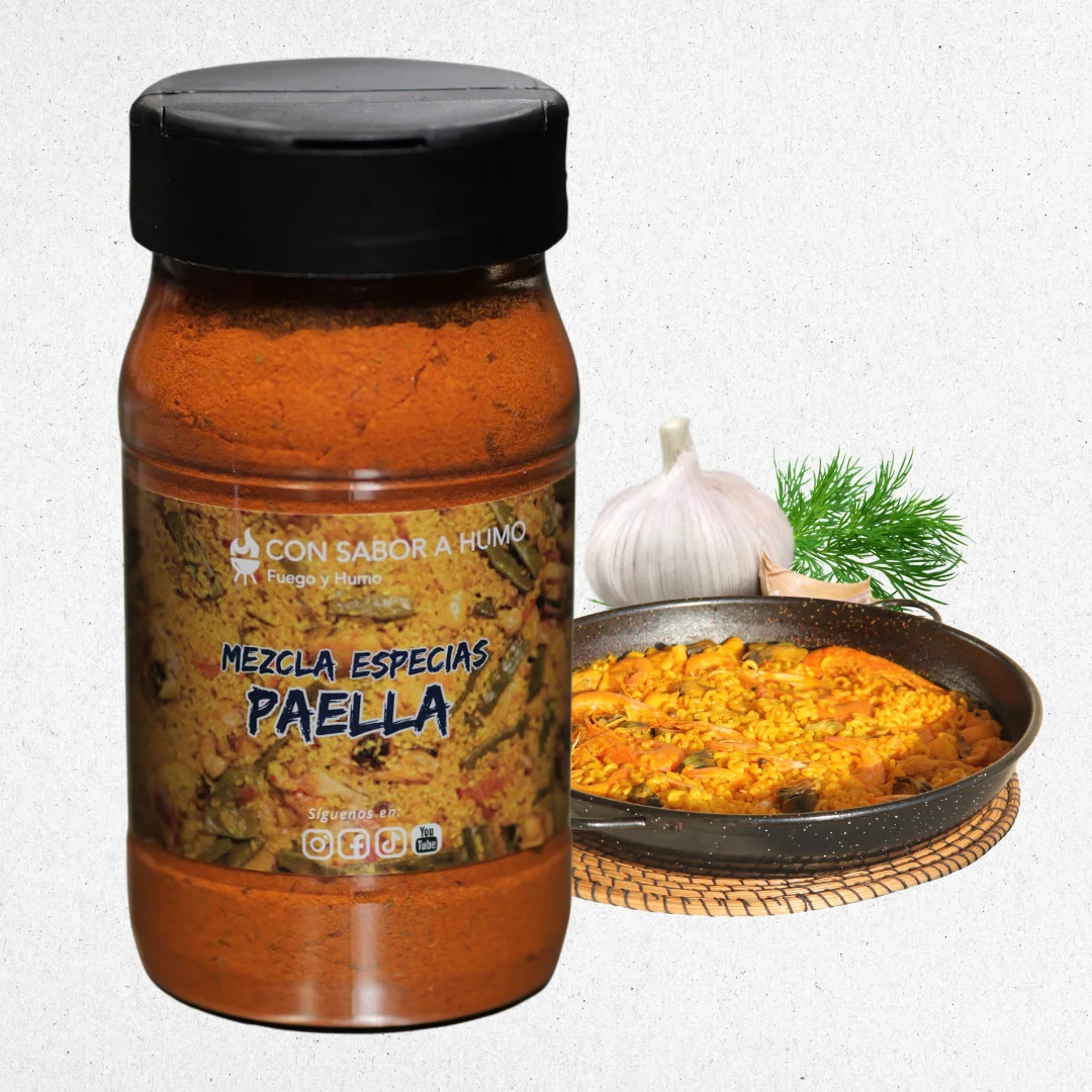 Mezcla de Especias para Paella, 200 Gramos, Tarro, Condimento en Polvo, Sin Gluten CON SABOR A HUMO FUEGO Y HUMO