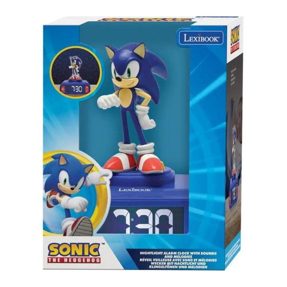 LEXIBOOK, Sonic The Hedgehog, Reloj Despertador con Luz Nocturna de Sonic, Sonidos y Melodías, Pantalla LCD Retroiluminada