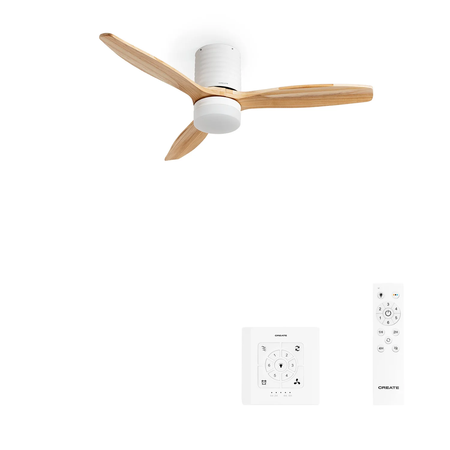 Create - 40w silent ceiling fan ø132 cm 100% wood, 6 speeds, summer/winter function, white motor horizontal lines, wind calm line