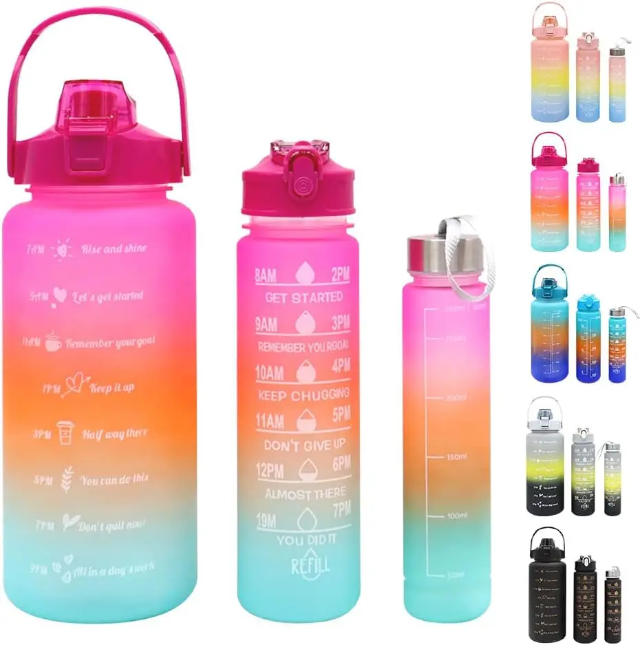 C.A 3 Packs (2L + 900ml + 300ml) Sports Water Bottle with Pajita, Leakproof, No BPA, Motivational, Portable for camping, Bicycle, School, Car