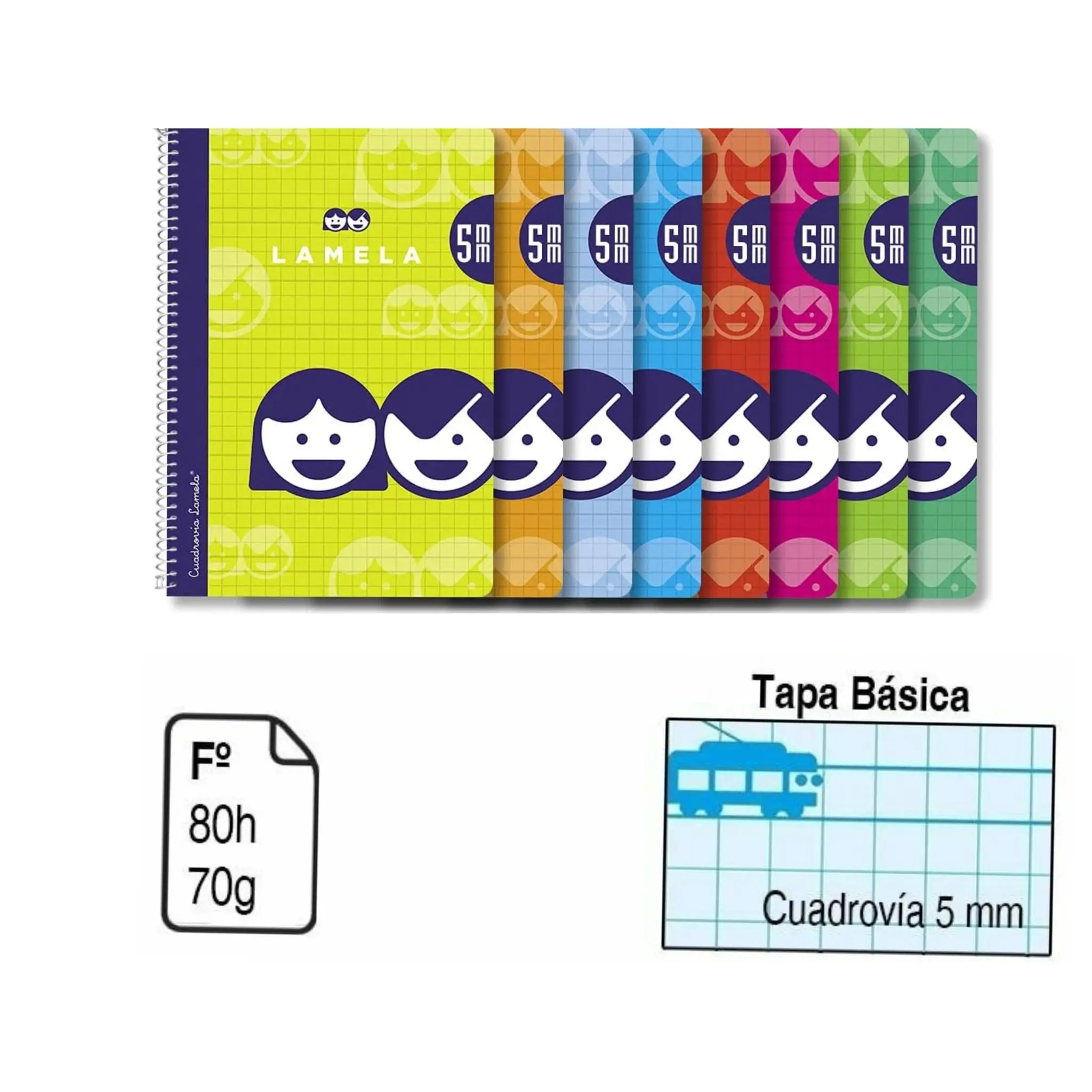 BLOC ESPIRAL Lamela cuadrovia 5mm A4 pack 5u Cuaderno colores surtidos aleatorios no repetidos tamaño folio con tapa de carton flexible blanda  80 hojas. Bloc espiral tamaño Folio 80 hojas.70 G Lamela