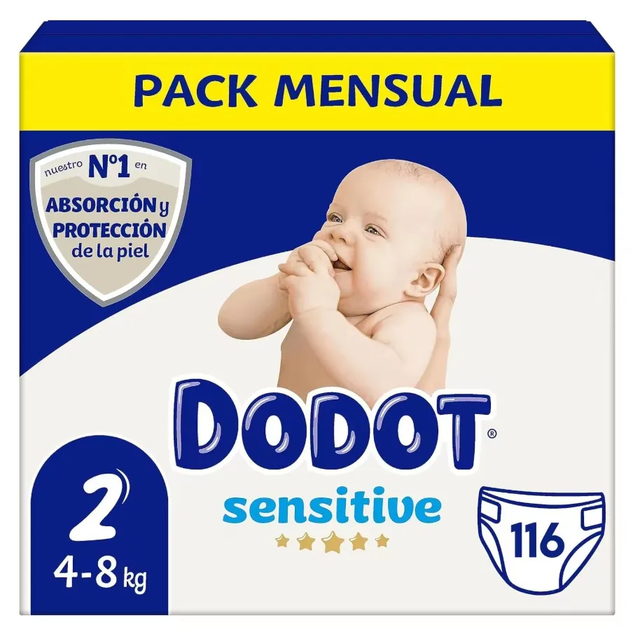 Pañales DODOT Sensitive pañales recién nacido de 4 a 8 kg talla 2 - Caja 116 unidades