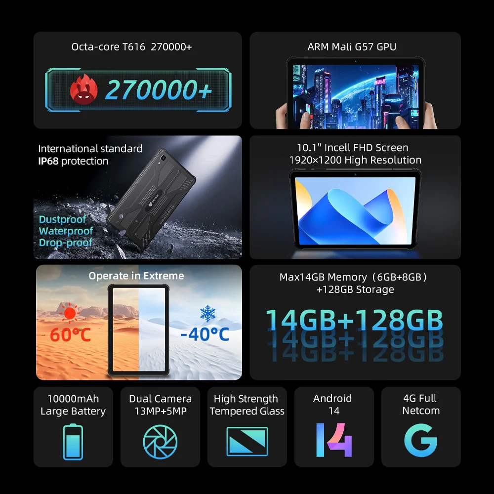 BMAX i10S Pro Tablet Rugerizada IP68 Antichoque Agua Polvo 10.1″ 1920×1200 14GB+128GB T616 10000mAh Android 14 4G 3