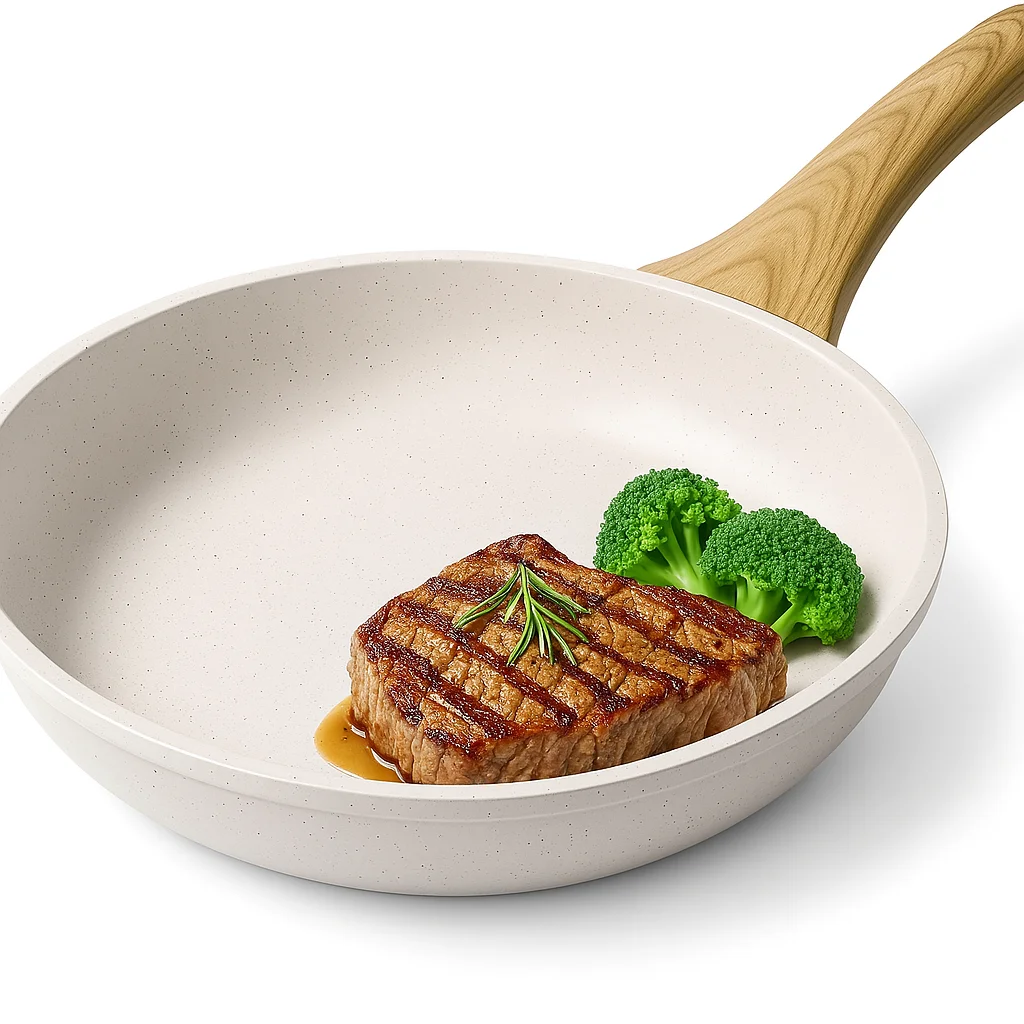 UD - Sartén de Aluminio ,Color blanco, con distinto tamaño y mango de madera , con 5 capas de Antiadherente con buenisima calidad