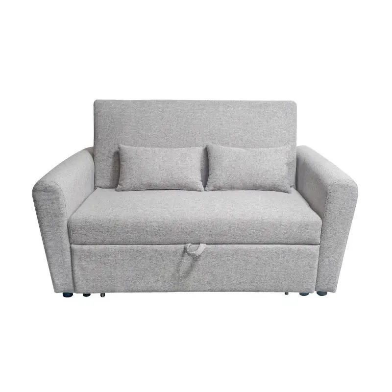 Sofa cama de color gris tapizado tela Neve. Fácil apertura extraíble. Incluye dos cojines decorativos.