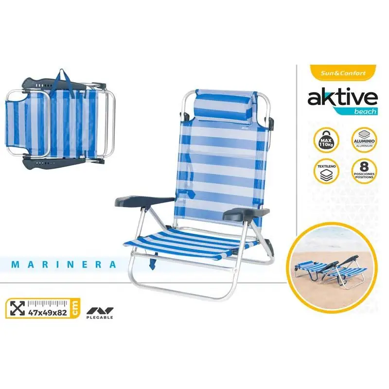 AKTIVE Silla playa plegable, 7 posiciones, Azul claro,Naranja,Azul Marino para elegir, 47x49x82 cm, Incluye cojín acolchado, Asas de transporte, Soporta 110 kg, Sillas respaldo reclinable,