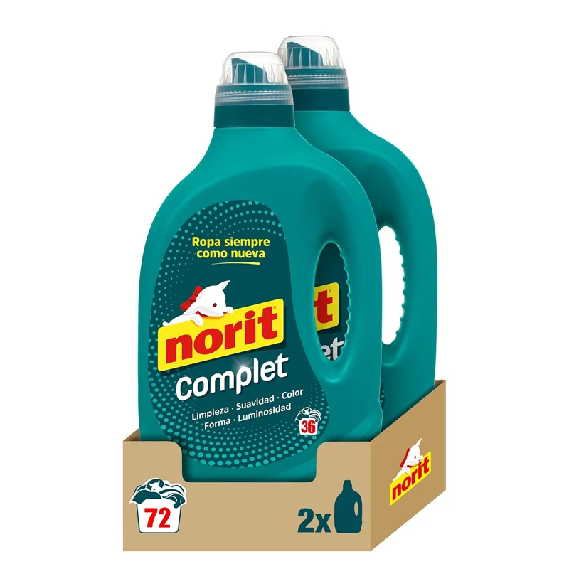 Norit Complet  36 o 72 Lavados- Detergente Líquido Universal para Ropa, Limpieza Profunda y Cuidado Superior, Combate las Manchas Más Difíciles, Fórmula Hipoalergénica - Pack de 1 x 1,80 L o 2 x 1,80 L.