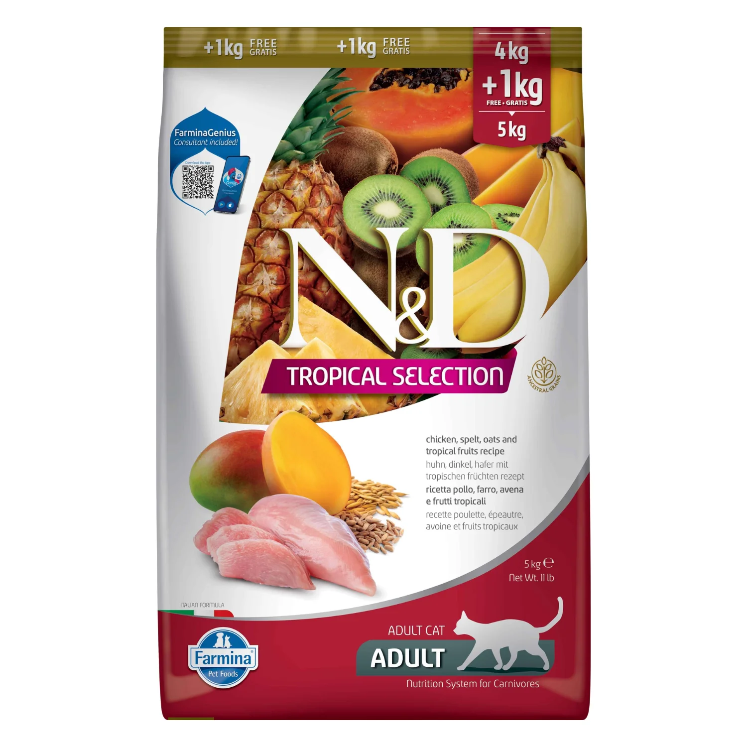 4+1 KG Farmina N&D Cat Tropical Selection Pollo - Alimento completo para gatos adultos