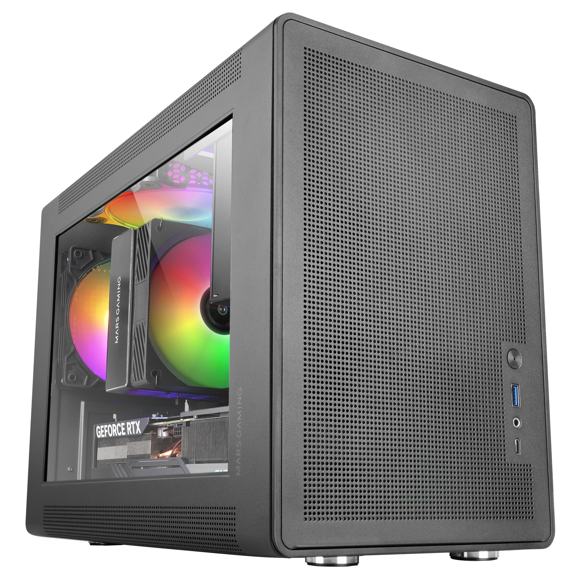 Mars Gaming MC-XPS, Caja Gaming MicroATX Ultracompacta, Cristal Templado + Paneles Mesh, Ventilador FRGB 120mm, Tecnología Refrigeración Mesh, Soporte Dual de PSU ATX y SFX, Minitorre PC USB-C, Caja