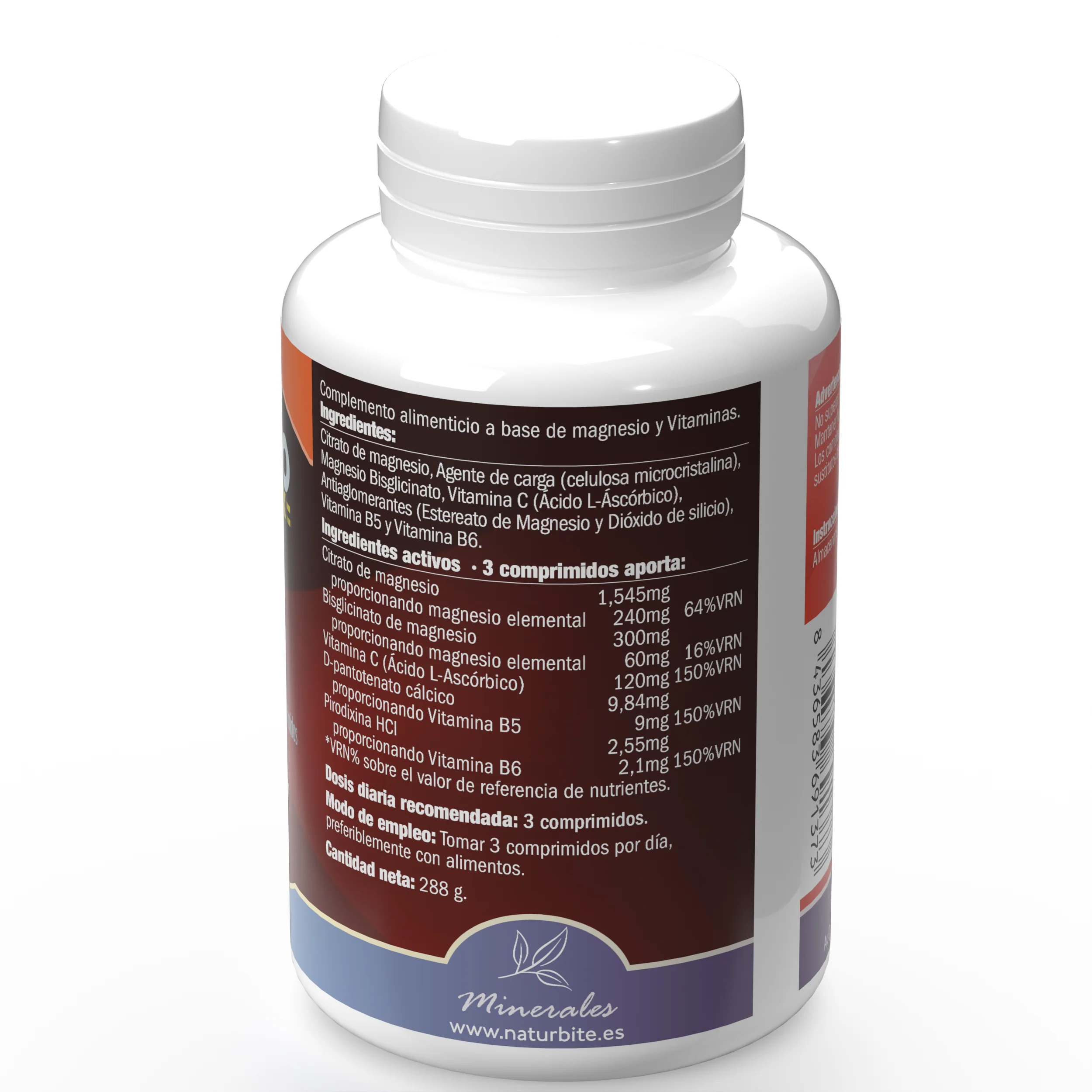 Naturbite magnesium complex with vitamins b5, b6 and c – magnesium citrate and bisglycinate tablets for energy, wellbeing and nervous function, vegan and highly absorbed formula. Improve magnesium intake with this symbiotic formulation.