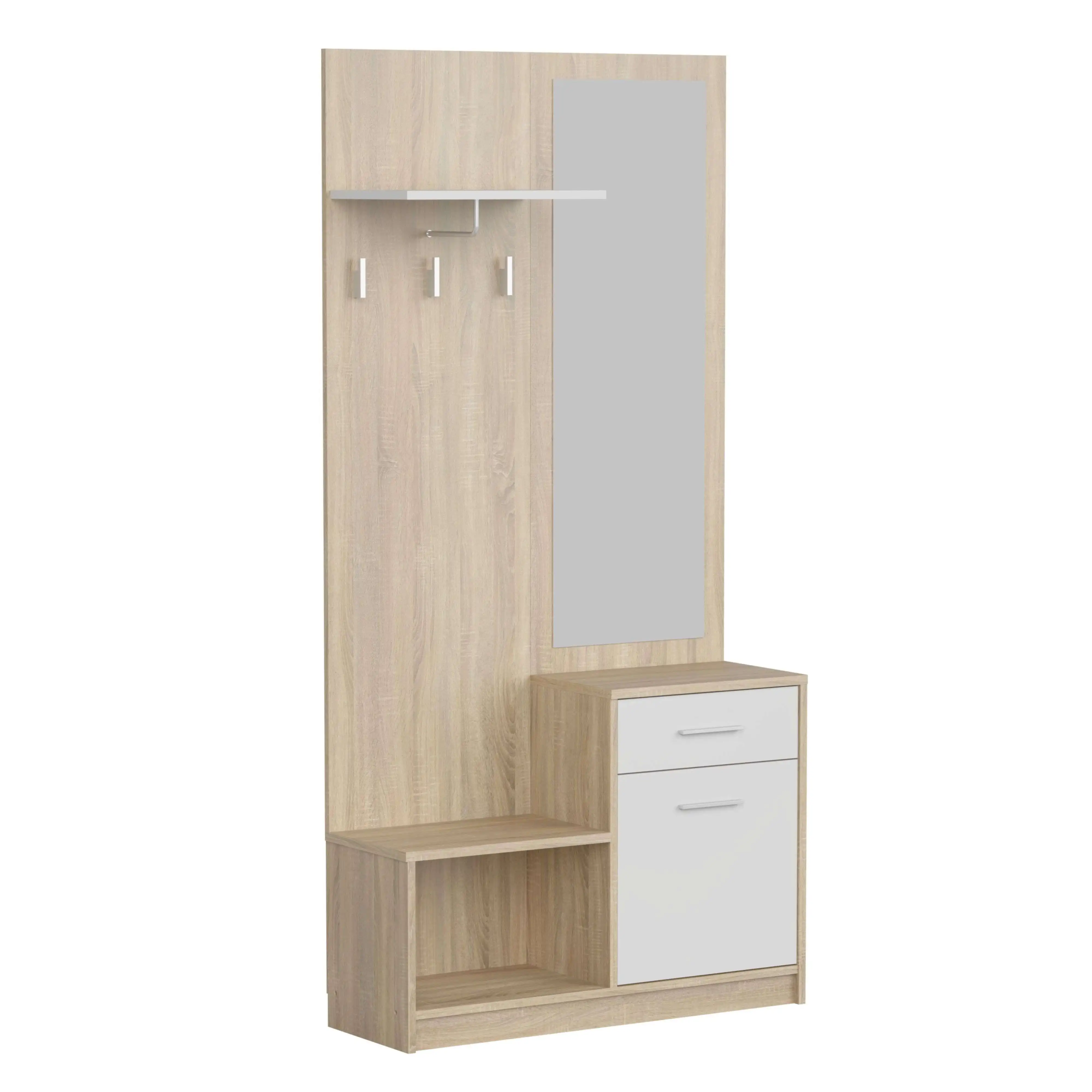 Mueble Recibidor con Espejo Sett 1 Cajon 1 Puerta 1 Estante 1 Hueco Abierto Color Blanco y Roble Cambrian 90 cm