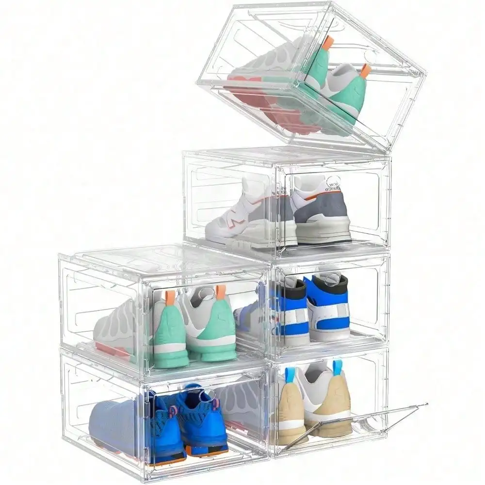 DECODEKO-Cajas de almacenamiento de zapatos: cajas de zapatos transparentes apilables para armario, contenedores resistentes con tapa, con funciones de ahorro de espacio y plegables.